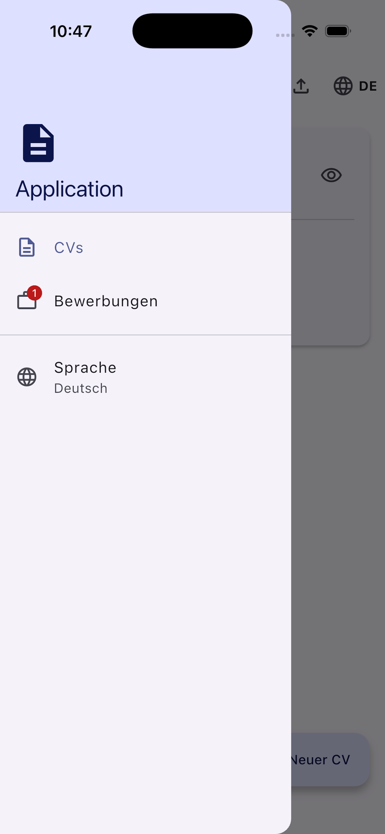 CV Application Menu
